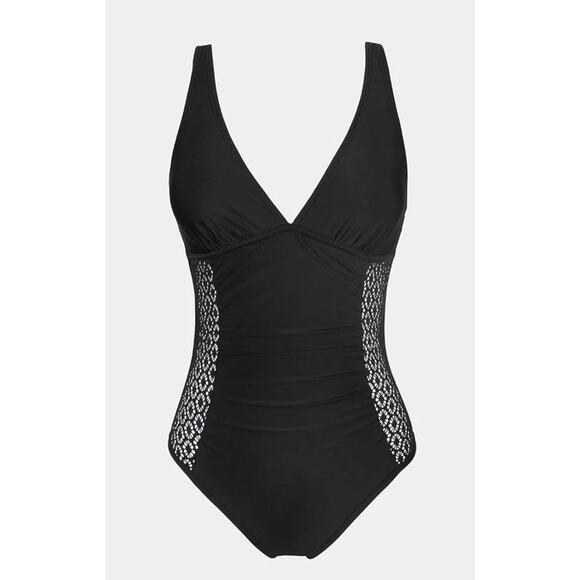 CUPSHE Ruched Lace Plunge V-Neck Black One Piece Swimsuit NWT SIZE XS - Picture 6 of 7